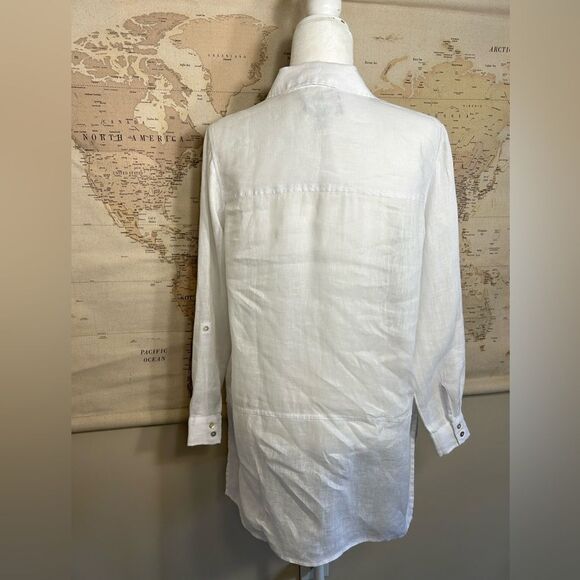 Tahari 100% Linen White Long Collared Blouse Button Up Shirt - Picture 6 of 9